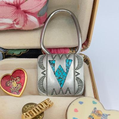 LOT 107J: Collection of Jewelry w/ Vanity Brush in Black Floral Jewlery Case