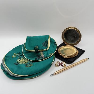 LOT 108J: 1/20 14k Gold Filled Pen, Vintage Stratton Compact, Teal Jewelry Bag & Clip on Earrings