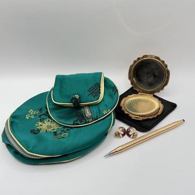 LOT 108J: 1/20 14k Gold Filled Pen, Vintage Stratton Compact, Teal Jewelry Bag & Clip on Earrings