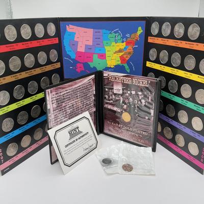 LOT 111J: 24kt Gold Plated “Racketeer Nickel” w/ COA, State Quarter Book, 1957 Penny & 1942 Dime