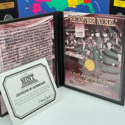 LOT 111J: 24kt Gold Plated “Racketeer Nickel” w/ COA, State Quarter Book, 1957 Penny & 1942 Dime