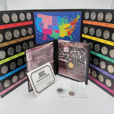 LOT 111J: 24kt Gold Plated “Racketeer Nickel” w/ COA, State Quarter Book, 1957 Penny & 1942 Dime