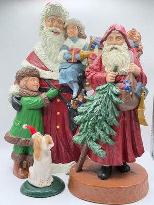 LOT 124K: 1995 Byer’s Choice The Carolers Dog w/ Santa Hat & 1990s Signed Hand Painted Santa Figures