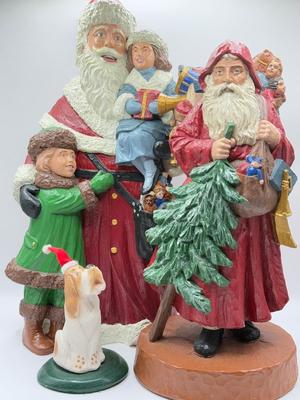 LOT 124K: 1995 Byer’s Choice The Carolers Dog w/ Santa Hat & 1990s Signed Hand Painted Santa Figures