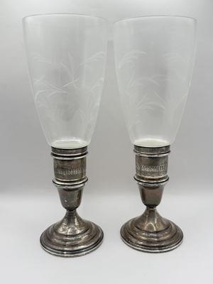 LOT 130K: Vintage Lunt Sterling Silver Weighted Candle Holders w/ Etched Glass Toppers