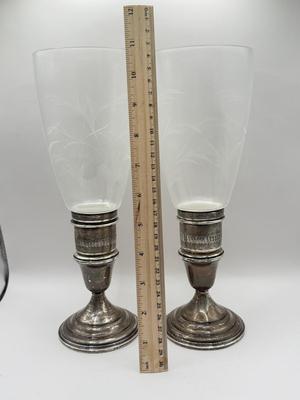 LOT 130K: Vintage Lunt Sterling Silver Weighted Candle Holders w/ Etched Glass Toppers