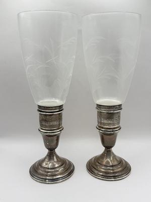 LOT 130K: Vintage Lunt Sterling Silver Weighted Candle Holders w/ Etched Glass Toppers