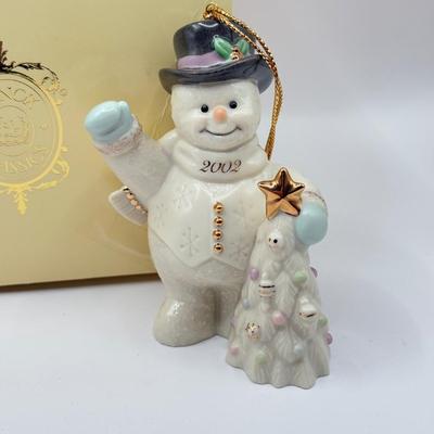 LOT 133K: Lenox Christmas Ornaments w/ Boxes - 2002 Snowman, 2001 Snowmen on Sled, 2003 Skating Snowman & 2000 Snowman