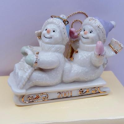 LOT 133K: Lenox Christmas Ornaments w/ Boxes - 2002 Snowman, 2001 Snowmen on Sled, 2003 Skating Snowman & 2000 Snowman