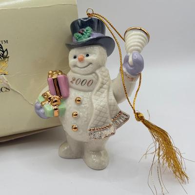 LOT 133K: Lenox Christmas Ornaments w/ Boxes - 2002 Snowman, 2001 Snowmen on Sled, 2003 Skating Snowman & 2000 Snowman