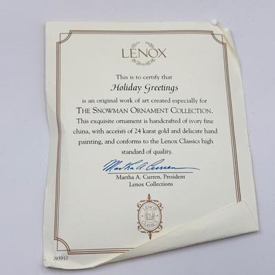LOT 133K: Lenox Christmas Ornaments w/ Boxes - 2002 Snowman, 2001 Snowmen on Sled, 2003 Skating Snowman & 2000 Snowman