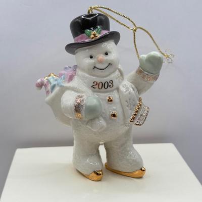 LOT 133K: Lenox Christmas Ornaments w/ Boxes - 2002 Snowman, 2001 Snowmen on Sled, 2003 Skating Snowman & 2000 Snowman