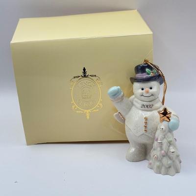 LOT 133K: Lenox Christmas Ornaments w/ Boxes - 2002 Snowman, 2001 Snowmen on Sled, 2003 Skating Snowman & 2000 Snowman