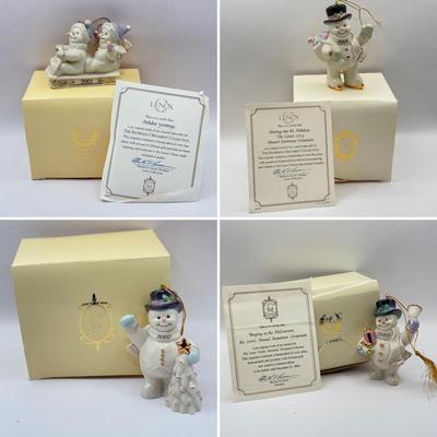 LOT 133K: Lenox Christmas Ornaments w/ Boxes - 2002 Snowman, 2001 Snowmen on Sled, 2003 Skating Snowman & 2000 Snowman