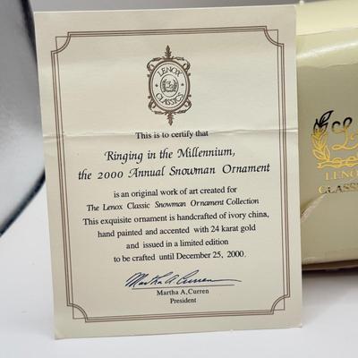 LOT 133K: Lenox Christmas Ornaments w/ Boxes - 2002 Snowman, 2001 Snowmen on Sled, 2003 Skating Snowman & 2000 Snowman