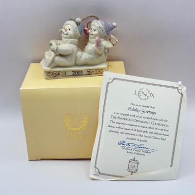 LOT 133K: Lenox Christmas Ornaments w/ Boxes - 2002 Snowman, 2001 Snowmen on Sled, 2003 Skating Snowman & 2000 Snowman