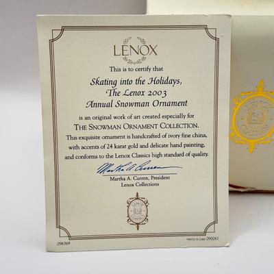 LOT 133K: Lenox Christmas Ornaments w/ Boxes - 2002 Snowman, 2001 Snowmen on Sled, 2003 Skating Snowman & 2000 Snowman