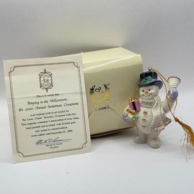 LOT 133K: Lenox Christmas Ornaments w/ Boxes - 2002 Snowman, 2001 Snowmen on Sled, 2003 Skating Snowman & 2000 Snowman
