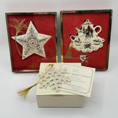LOT 134K: Lenox Christmas Ornaments w/ Boxes - Winter Splendor Snowflake w/ COA, Cardinal Tea Pot & China Jewels Star