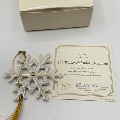 LOT 134K: Lenox Christmas Ornaments w/ Boxes - Winter Splendor Snowflake w/ COA, Cardinal Tea Pot & China Jewels Star