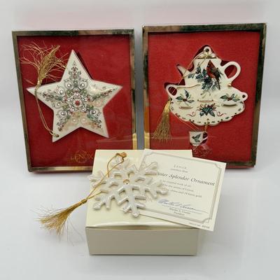 LOT 134K: Lenox Christmas Ornaments w/ Boxes - Winter Splendor Snowflake w/ COA, Cardinal Tea Pot & China Jewels Star