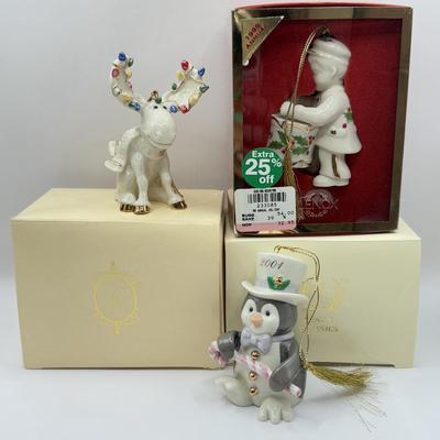LOT 137K: Lenox Christmas Ornaments w/ Boxes - 1999 Annual Holiday Toy Soldier, 2001 Chilly Chap Penguin w/ COA & 2002 Moose...