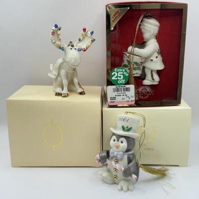 LOT 137K: Lenox Christmas Ornaments w/ Boxes - 1999 Annual Holiday Toy Soldier, 2001 Chilly Chap Penguin w/ COA & 2002 Moose...