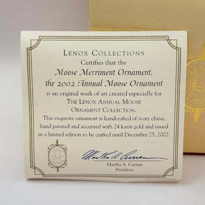LOT 137K: Lenox Christmas Ornaments w/ Boxes - 1999 Annual Holiday Toy Soldier, 2001 Chilly Chap Penguin w/ COA & 2002 Moose...
