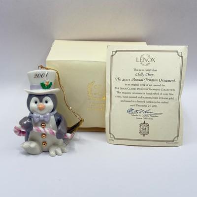 LOT 137K: Lenox Christmas Ornaments w/ Boxes - 1999 Annual Holiday Toy Soldier, 2001 Chilly Chap Penguin w/ COA & 2002 Moose...