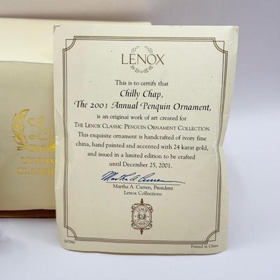 LOT 137K: Lenox Christmas Ornaments w/ Boxes - 1999 Annual Holiday Toy Soldier, 2001 Chilly Chap Penguin w/ COA & 2002 Moose...