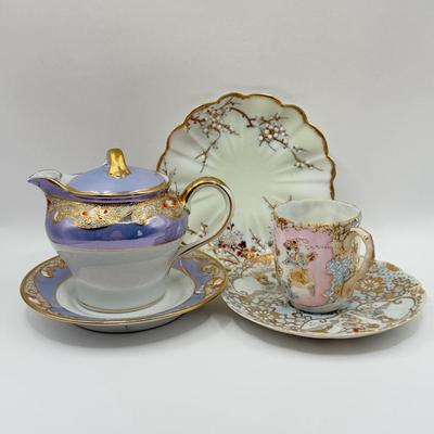 LOT 140K: Vintage Hand Painted Noritake Japanese Lustreware Teapot & Beautiful Hand Painted Tea Cup & Saucers