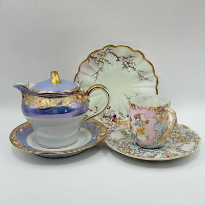 LOT 140K: Vintage Hand Painted Noritake Japanese Lustreware Teapot & Beautiful Hand Painted Tea Cup & Saucers