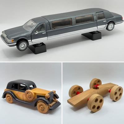 LOT 142K: Model Vehicles - 1:24 Ford Lincoln Limousine, Wooden 1920s Style Car & Derby Car