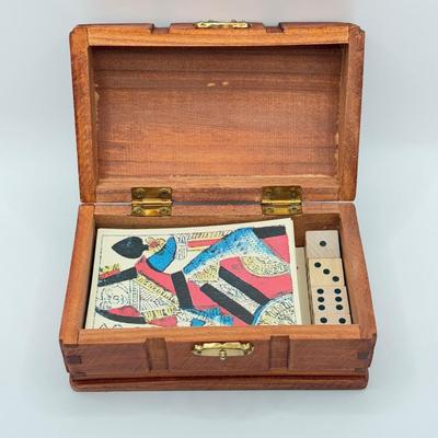 LOT 144K: Vintage Wooden Game Box w/ Paper Cards & Wooden Dice