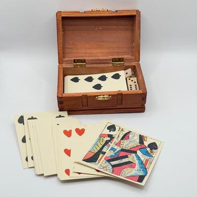 LOT 144K: Vintage Wooden Game Box w/ Paper Cards & Wooden Dice