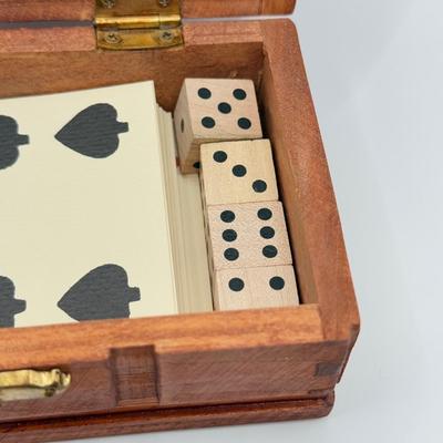 LOT 144K: Vintage Wooden Game Box w/ Paper Cards & Wooden Dice