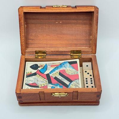 LOT 144K: Vintage Wooden Game Box w/ Paper Cards & Wooden Dice
