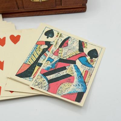 LOT 144K: Vintage Wooden Game Box w/ Paper Cards & Wooden Dice