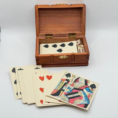 LOT 144K: Vintage Wooden Game Box w/ Paper Cards & Wooden Dice