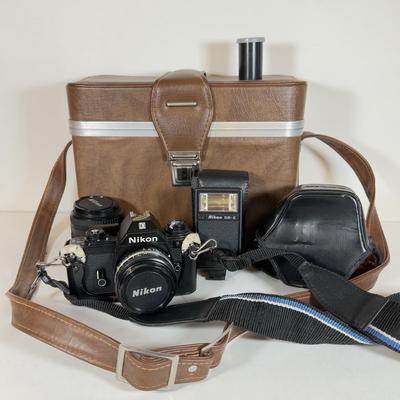 LOT 158B: Nikon EM 35mm Film Camera w/ Flash SB-E, Bag, Lens & Paperwork