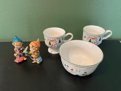 Vintage Elves, Pfaltzgraff bowl, Sango mugs
