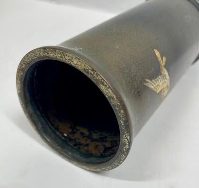 Vintage Japanese Vase Metal Carving Bird And Bamboo