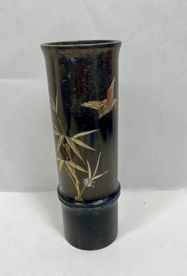Vintage Japanese Vase Metal Carving Bird And Bamboo