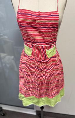 Vintage Retro 1970's Hand-crafted Apron -striped pattern of magenta, lime green, purple