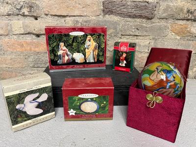 Sale Photo Thumbnail #22: Beautiful Pier 1 manger scene ornament in velvet box, Hallmark The Holy Family, The Blessed Family, Peaceful Dove and Loving Shepherd ornaments