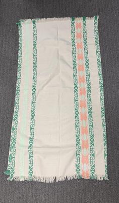 Vintage Tablecloth peach and green stripes on cream cotton 56" x 53"