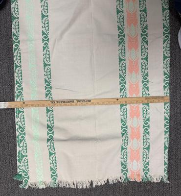 Vintage Tablecloth peach and green stripes on cream cotton 56" x 53"