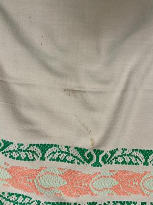 Vintage Tablecloth peach and green stripes on cream cotton 56" x 53"