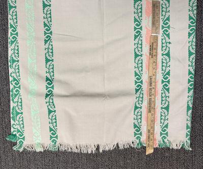 Vintage Tablecloth peach and green stripes on cream cotton 56" x 53"