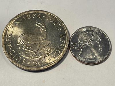 South Africa 1964 Choice BU Golden Toned 50 Cents Silver Coin KM#62 as Pictured. FREE DOMESTIC SHIPPING.